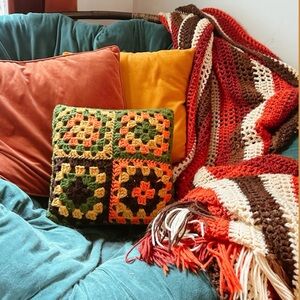 Retro Vintage 70’s Granny Square Throw Pillow Cushion